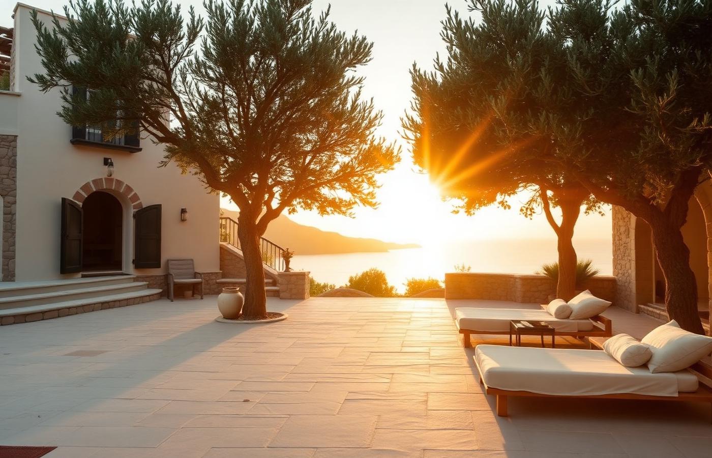 A stone terrace above the sea at golden hour with olive trees and linen daybeds